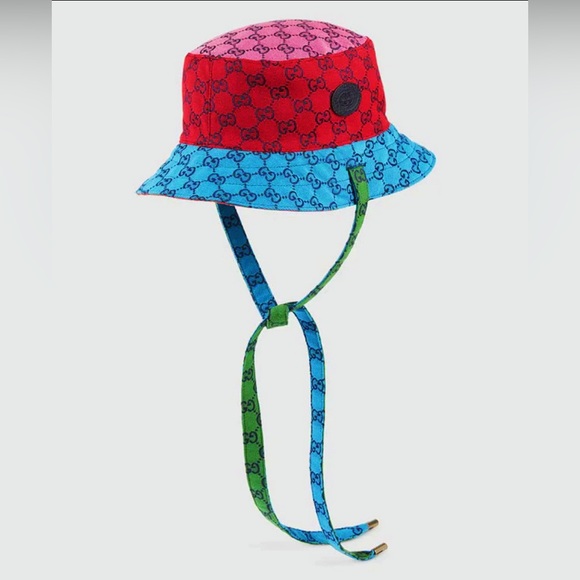 Gucci GG Straps Monogram Bucket Hat Multi-Color Reversible w Leather Logo Patch - Picture 11 of 12